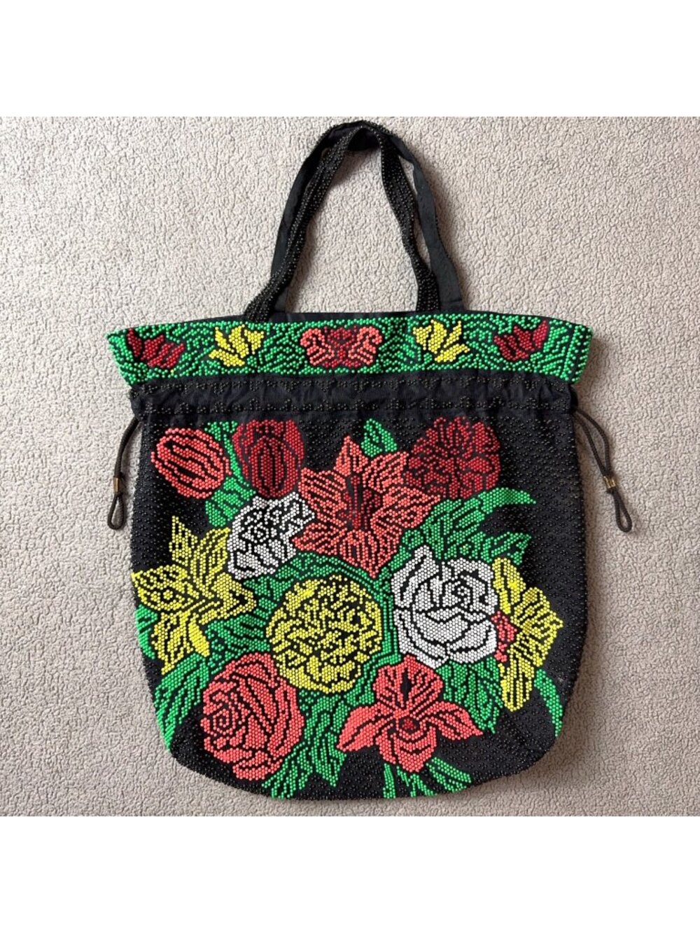 Vintage Black Beaded Floral Drawstring Shoulder Bag Purse Handmade Evening Boho